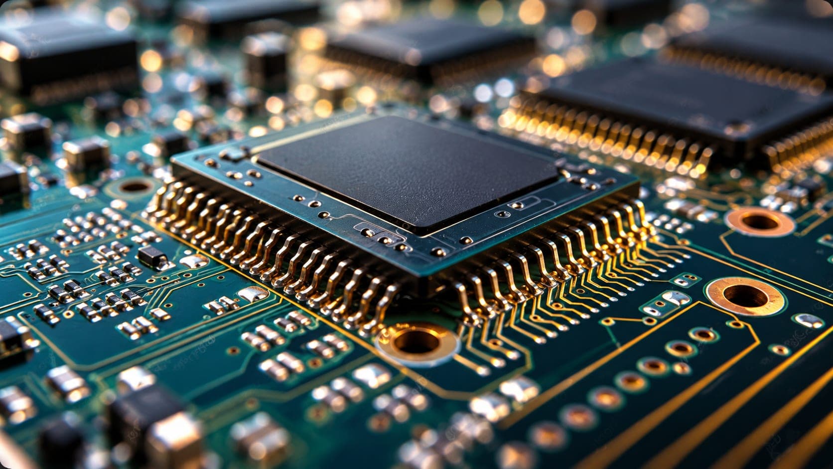 An AI processor chip on a circuit board, representing the GCC's next chapter: the convergence of artificial intelligence with engineering, energy and industry.